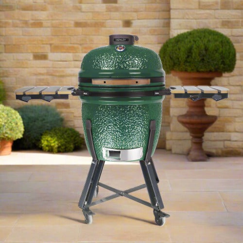 Henley Stoves Kamado 21-Inch Ceramic Charcoal Oven & BBQ Grill with Cart and Side Shelves Emerald Green