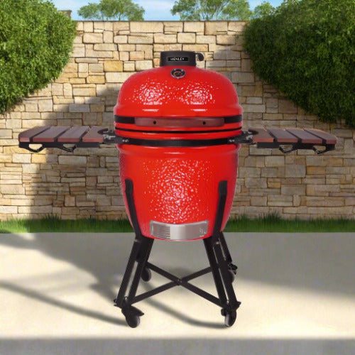 Henley Stoves Kamado 21-Inch Ceramic Charcoal Oven & BBQ Grill with Cart and Side Shelves Chilli Red