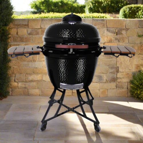 Henley Stoves Kamado 24-Inch Ceramic Charcoal Oven & BBQ Grill with Cart and Side Shelves Carbon Black