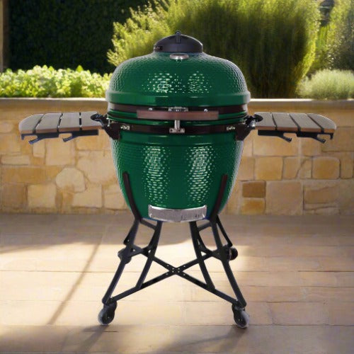 Henley Stoves Kamado 24-Inch Ceramic Charcoal Oven & BBQ Grill with Cart and Side Shelves Emerald Green