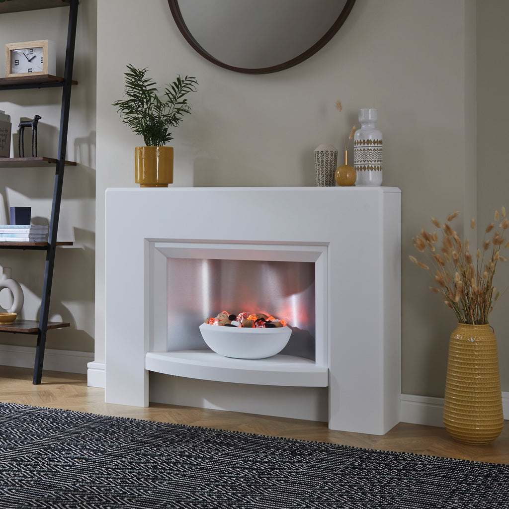 Suncrest Stockeld Electric Fireplace Suite with Brushed Steel Back Panel and Pebble Effect