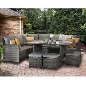 Charlotte Grey Rattan Corner Sofa Dining Set with Firepit Table and Ottomans