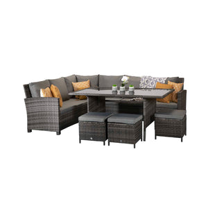 Charlotte Grey Rattan Corner Sofa Dining Set with Firepit Table and Ottomans