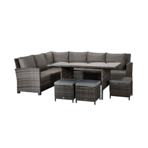 Charlotte Grey Rattan Corner Sofa Dining Set with Firepit Table and Ottomans