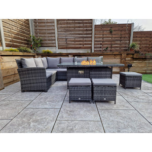 Charlotte Grey Rattan Corner Sofa Dining Set with Firepit Table and Ottomans