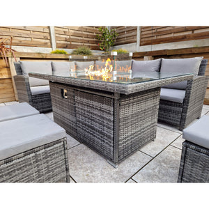 Charlotte Grey Rattan Corner Sofa Dining Set with Firepit Table and Ottomans