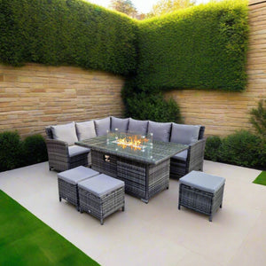 Charlotte Grey Rattan Corner Sofa Dining Set with Firepit Table and Ottomans