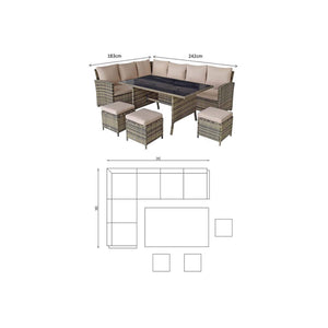 Charlotte Grey Rattan Corner Sofa Dining Set with Firepit Table and Ottomans