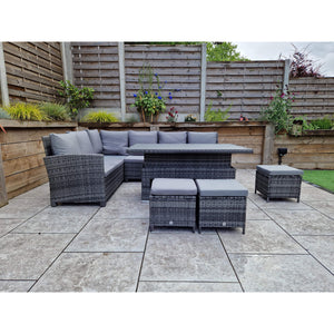 Charlotte Grey Rattan Corner Sofa Dining Set with Adjustable Table and Ottomans