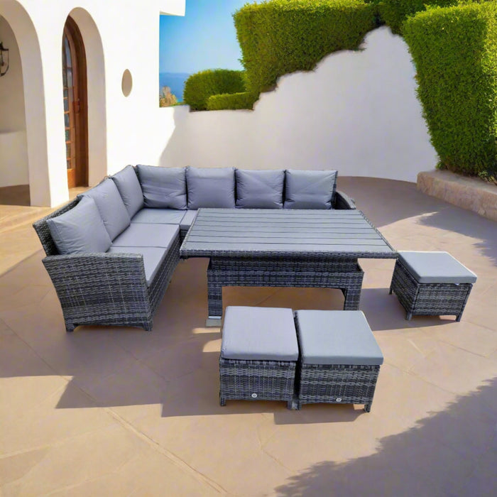 Charlotte Grey Rattan Corner Sofa Dining Set with Adjustable Table and Ottomans