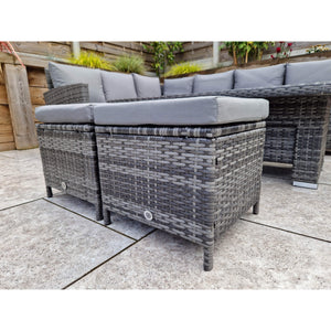 Charlotte Grey Rattan Corner Sofa Dining Set with Adjustable Table and Ottomans