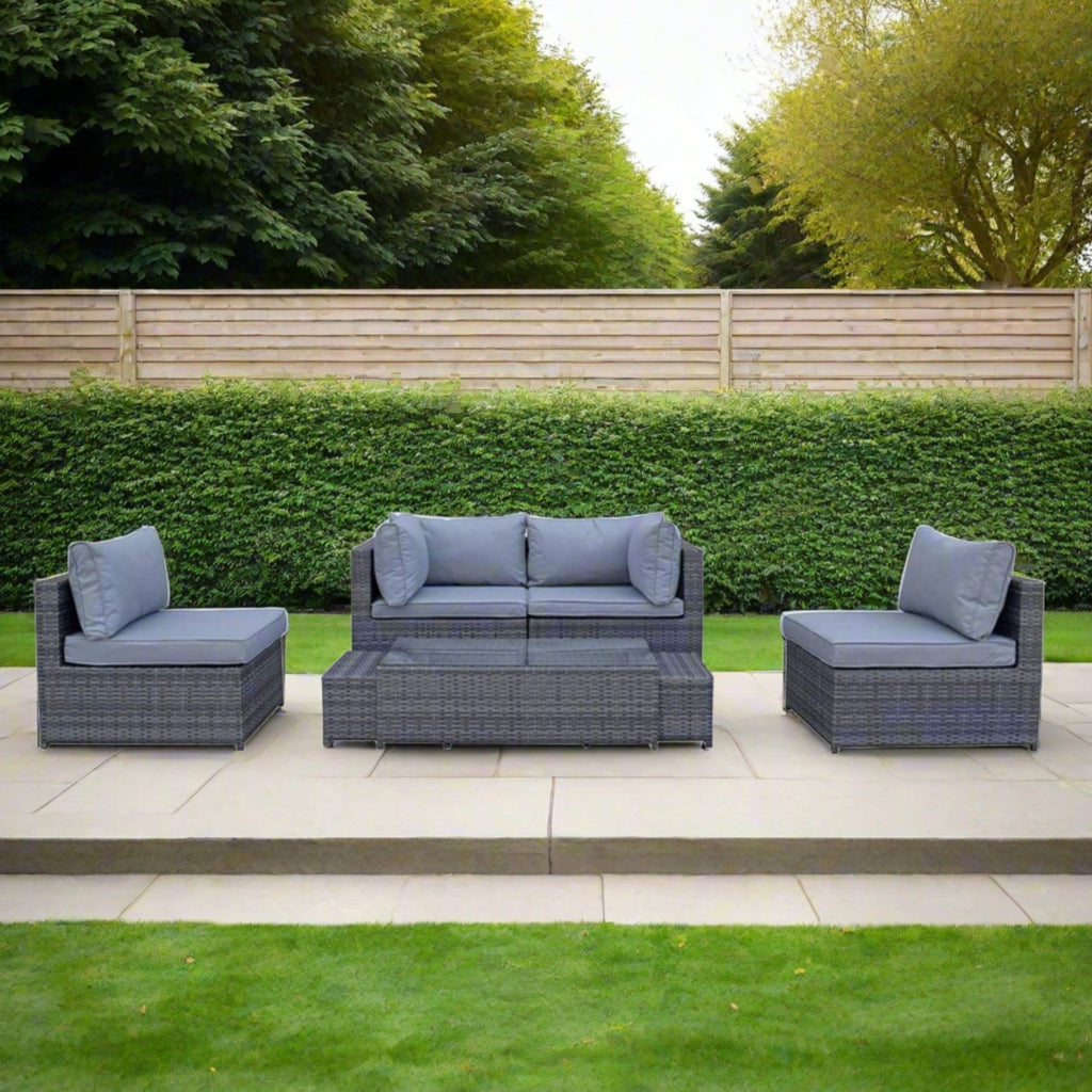 Chelsea Modular Grey Rattan Corner Sofa Dining Set with Table and Ottomans