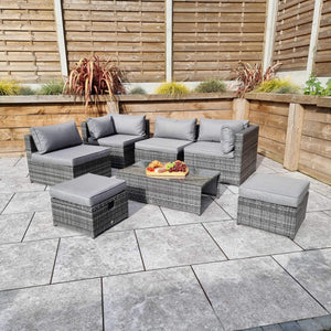 Chelsea Modular Grey Rattan Corner Sofa Dining Set with Table and Ottomans