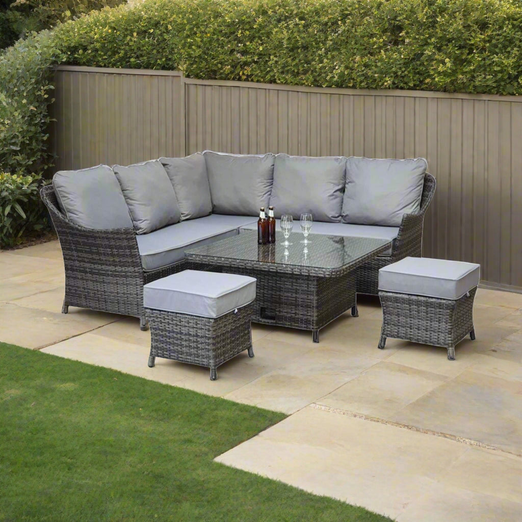 Francesca Grey Rattan Corner Sofa Dining Set with Adjustable Table and Ottomans