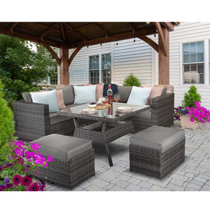 Georgia Grey Rattan Corner Sofa Dining Set with Table and Ottomans