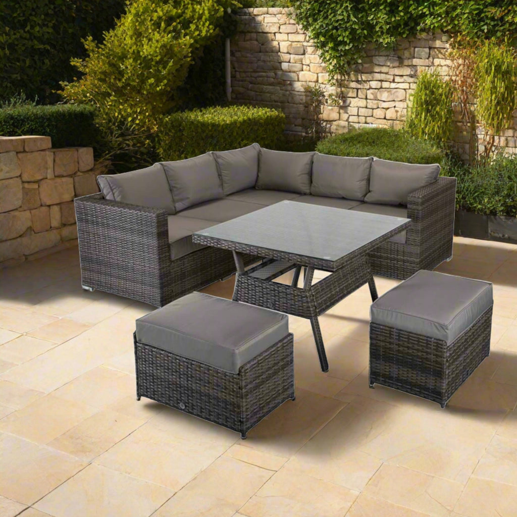 Georgia Grey Rattan Corner Sofa Dining Set with Table and Ottomans