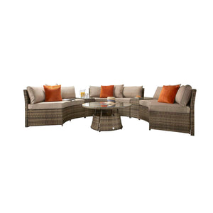 Juliet Half Moon Sofa Dining Set in Brown with Glass Tables