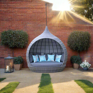 Pearl Grey Rattan Daybed with Cushions and Canopy